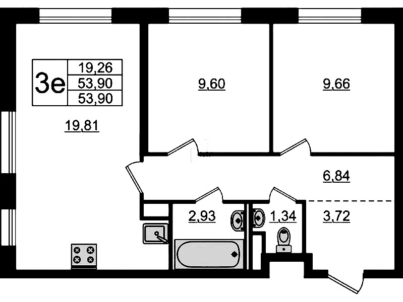 2-комнатная квартира 53.9 м², 12/12 эт., ЖК «Новые Лаврики»